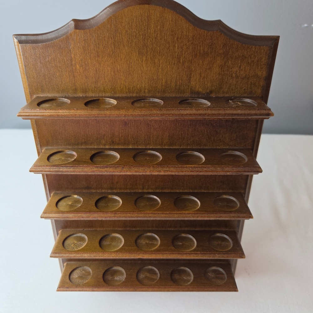 Vtg Ornate Wooden 35 Slot Thimble Display Rack Wall Mounted Curio Shelf Brown